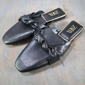 Zara Black Braided Tie Slip On Mules Flats Women's Size 41 US 10-10.5
